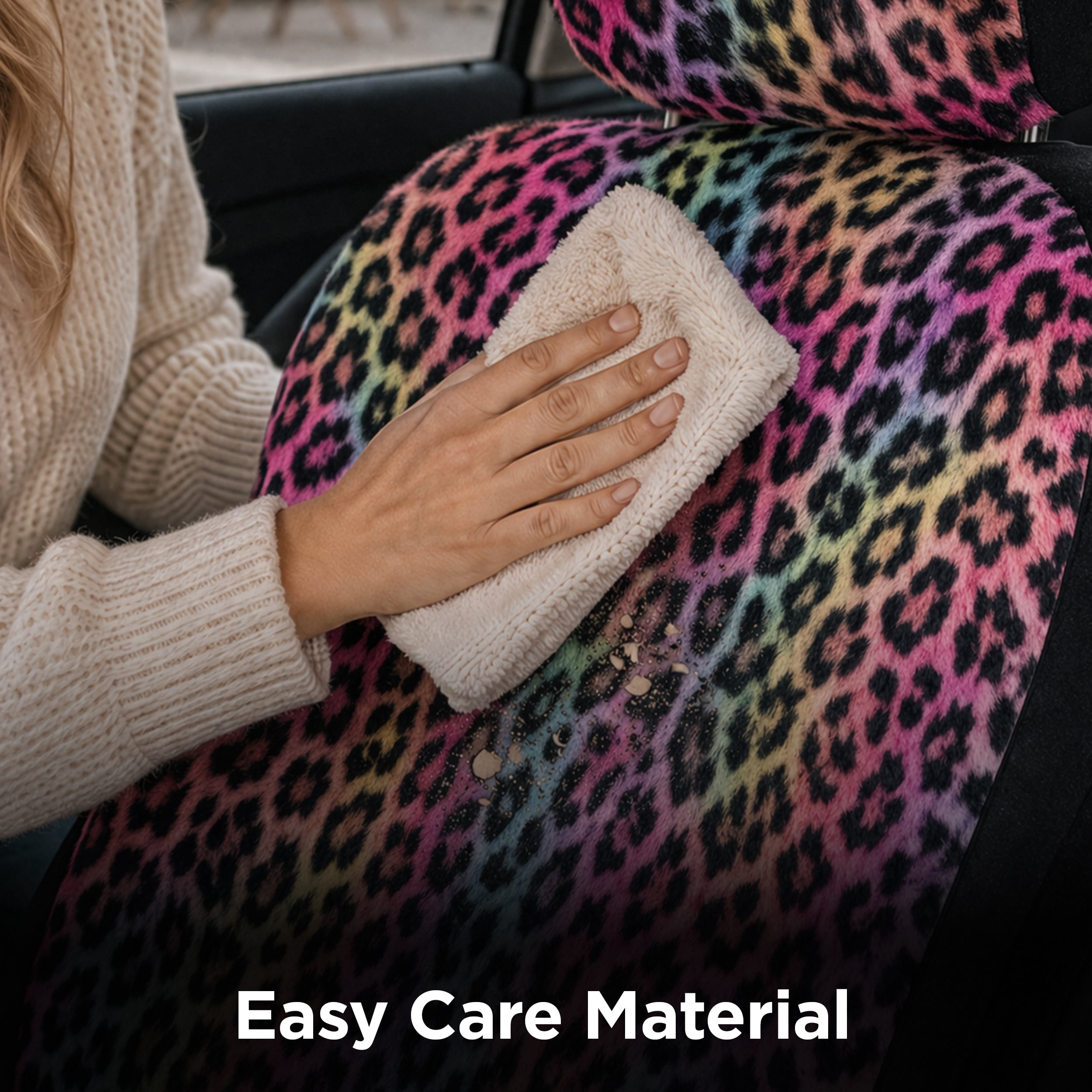 Auto Drive 2-Piece Fur Leopard Seat Covers for Cars, SUVs, and Crossovers, Multicolor