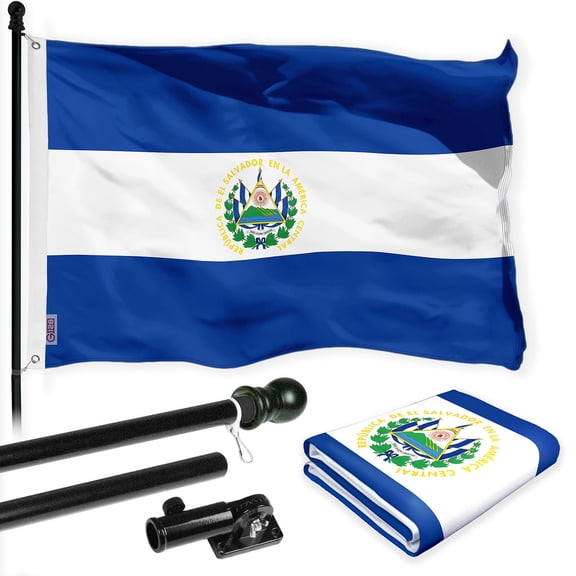 G128 Combo Pack: 6 Ft Tangle Free Spinning Flagpole (Black) & El Salvador Flag 3x5 Ft Printed 150D Polyester, Brass Grommets (Flag Included) Aluminum Flag Pole