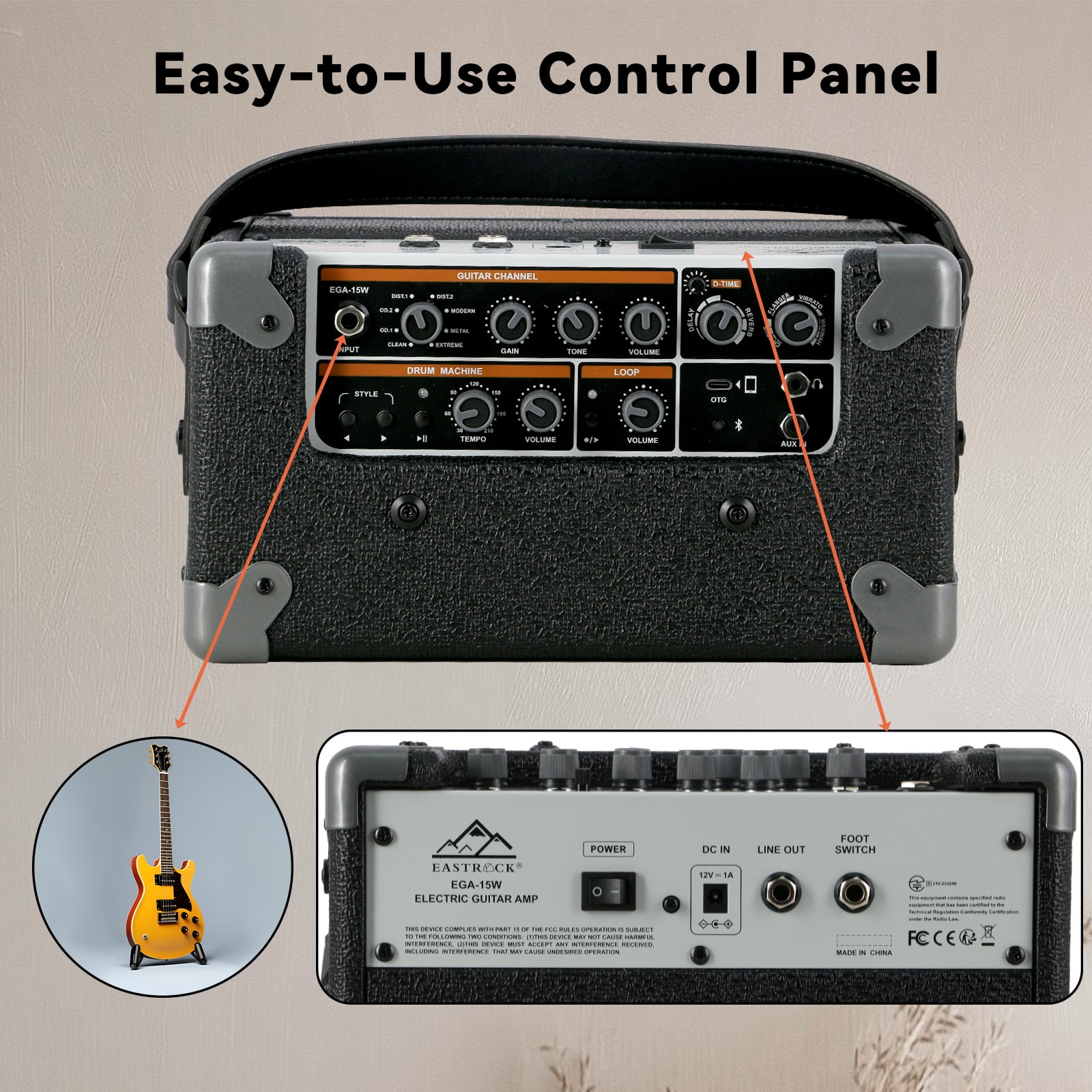 EASTROCK 15W Electric Guitar Amp, EGA-15W Portable Bluetooth 8 Voices FX Effects, Built-in Looper & Drum Machine Speaker, AUX/OTG/Headphone -Black
