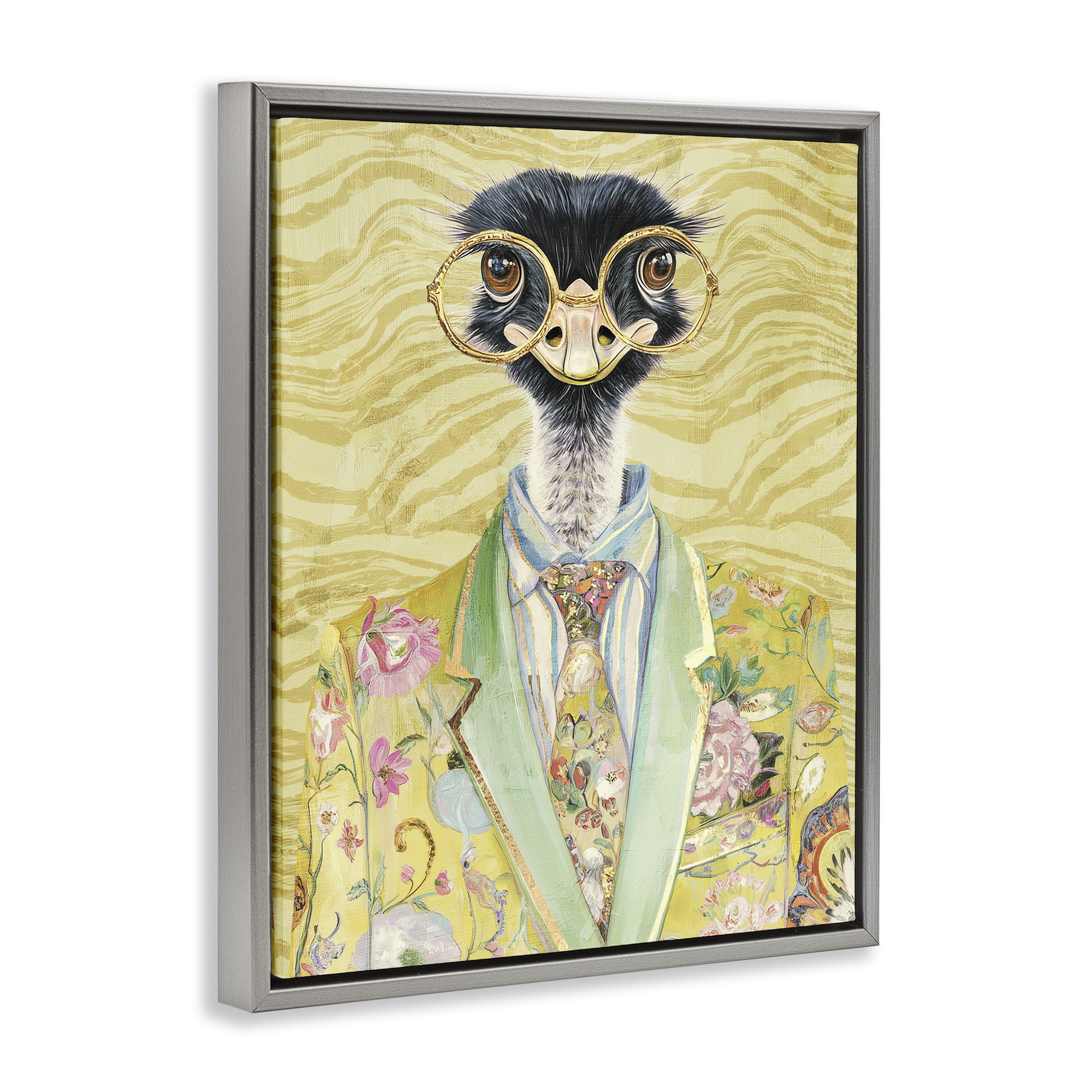 Stupell Industries Dandy Ostrich Portrait Gray Framed Floater Canvas Wall Art, design by Svetlana Aleynikova