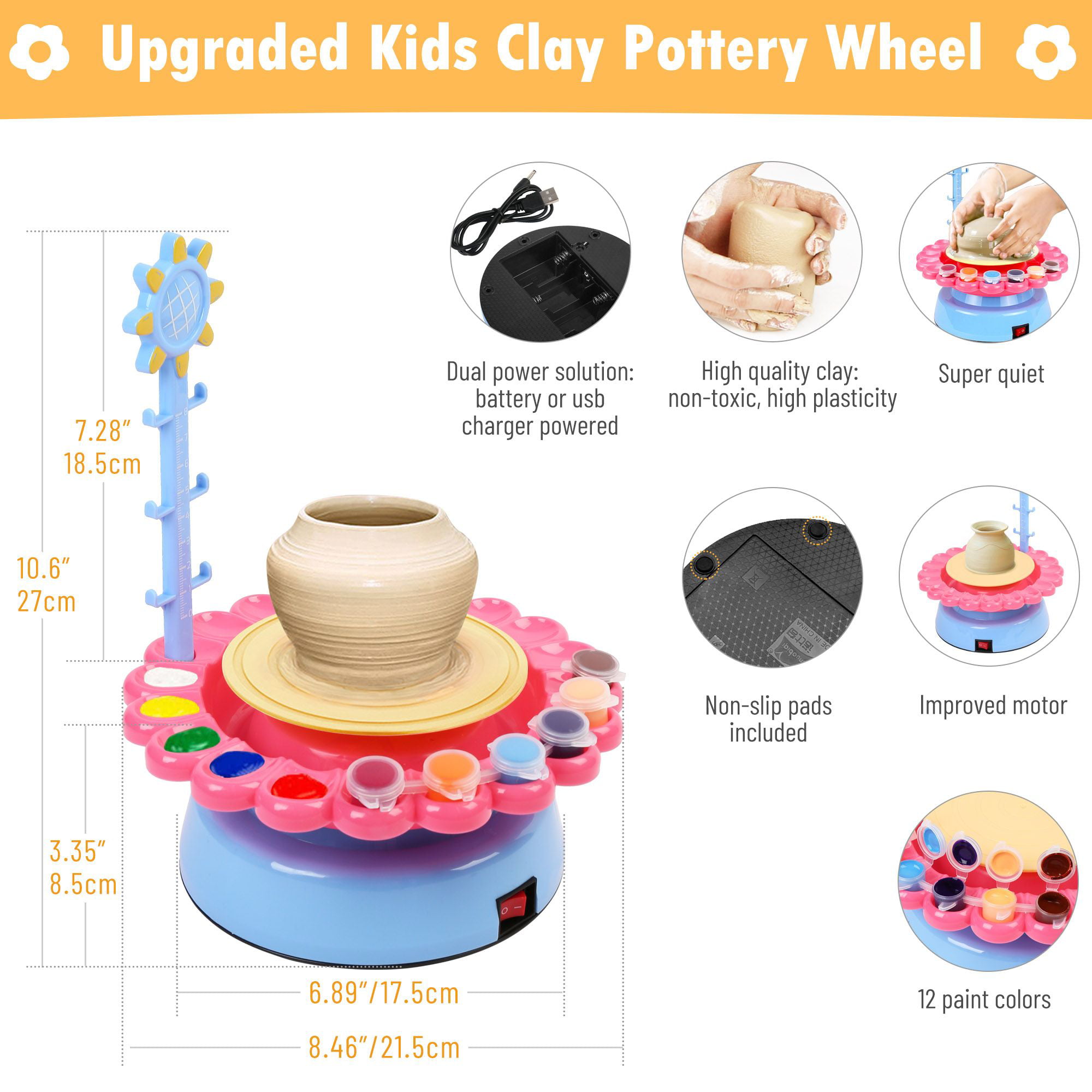 Skirfy Pottery Wheel for Kids-Clay Sculpting Tools & Painting Kit,Girls  Toys 8-10,DIY Kits Clay Maker for Beginners with 6 Packs Modeling  Clays,Toys