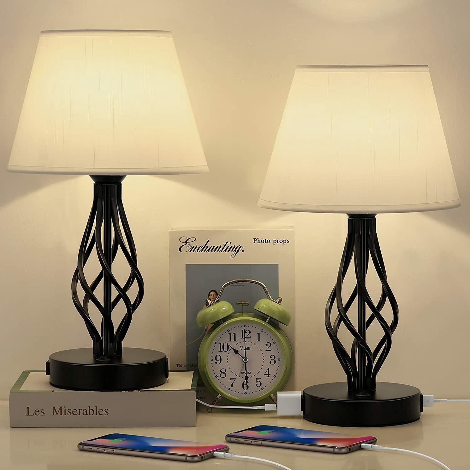 Vintage Bedside Lamp with Iron Base USB AC Linen Shade Set of 2
