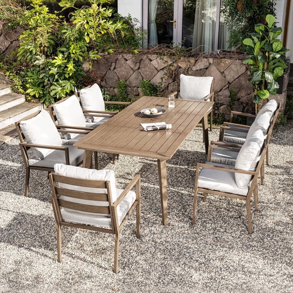 HAPPATIO Outdoor Dining Set, 9-Piece Patio Aluminum Dining Set with Wood-Like Hand-Painted Finish, 8 Chairs with Waterproof Cushions, Easy Assembly for Backyard, Garden, Porch
