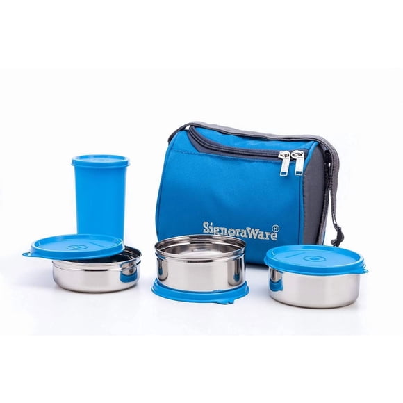 Best Stainless Steel Lunch Box With Bag - Blue | 3 Steel Containers, 2 X350ml+ 200ml & Glass Tumbler 370ml - Stainless Steel Leak Proof Containers | Full Meal Boxes, Airtight, Freezer Safe