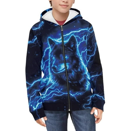 Uourmeti Blue Wolf Lightning Kids Casual Pullover Hoodie Long Sleeve Soft with Pockets Lightweight Comfy Top Boys Size 8-10