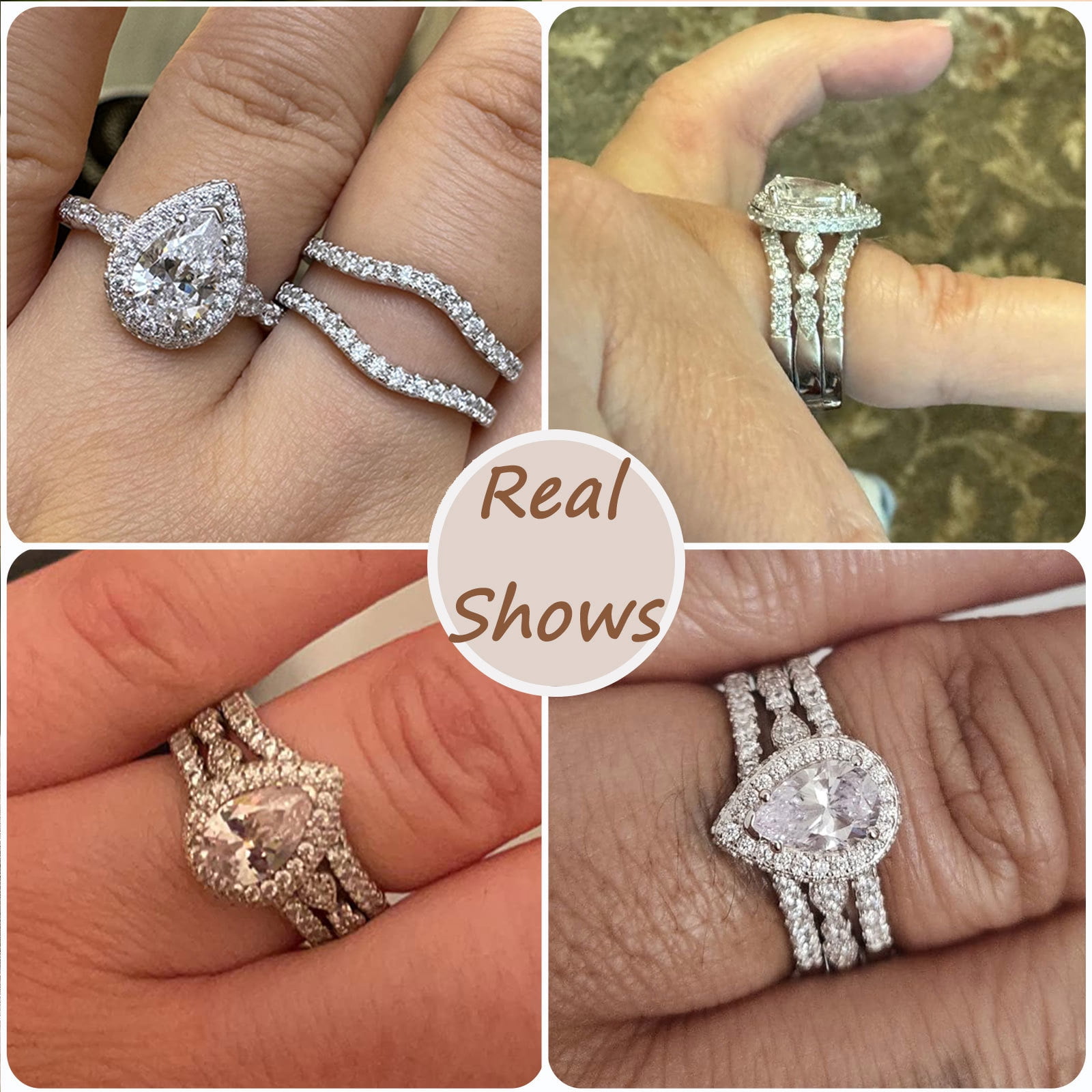 Newshe Jewellery Moissanite Wedding Rings for Women Pear Cut Engagement Ring Sets Teardrop Bridal Band Enhancer Size 7