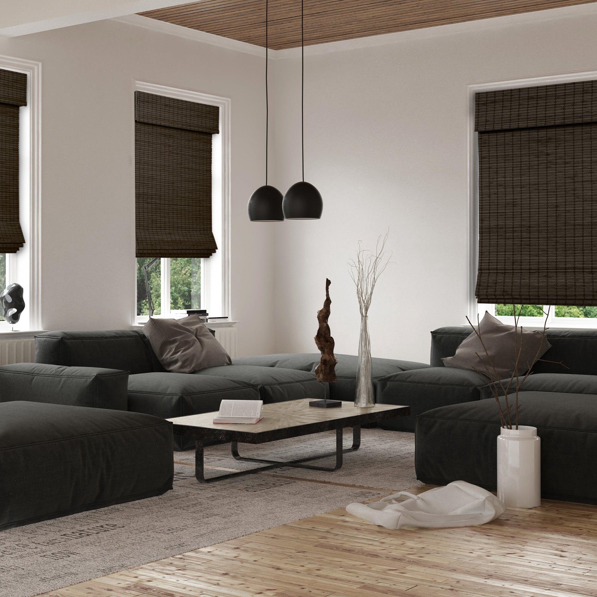 Natural Woven Light Filtering Cordless Bamboo Roman Shades for Windows, 28.5 in. W x 48 in. L, Onyx