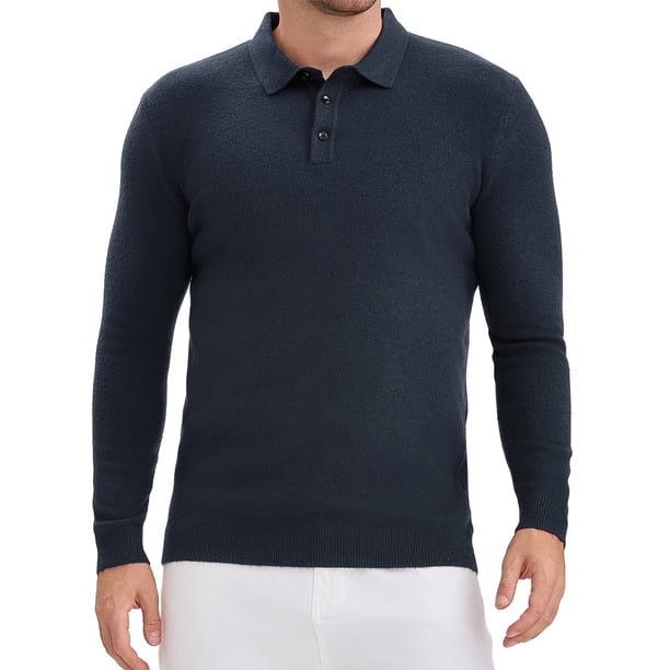 Camisa de polo de punto de negocios de color sólido de manga larga para hombre M azul oscuro