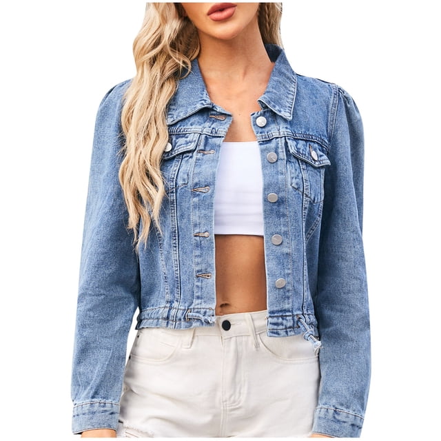 Timegard Denim Jackets for Women Long Sleeves Drawstring Button Classic Cropped Jean Jacket Sreetwear