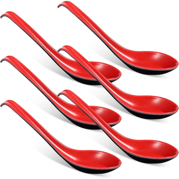 6pcs Asian Soup Spoons, Chinese Japanese Miso Ramen Wonton Dumpling Pho Rice Noodle Soba Soup Spoons, Red and Black Plastic Spoons