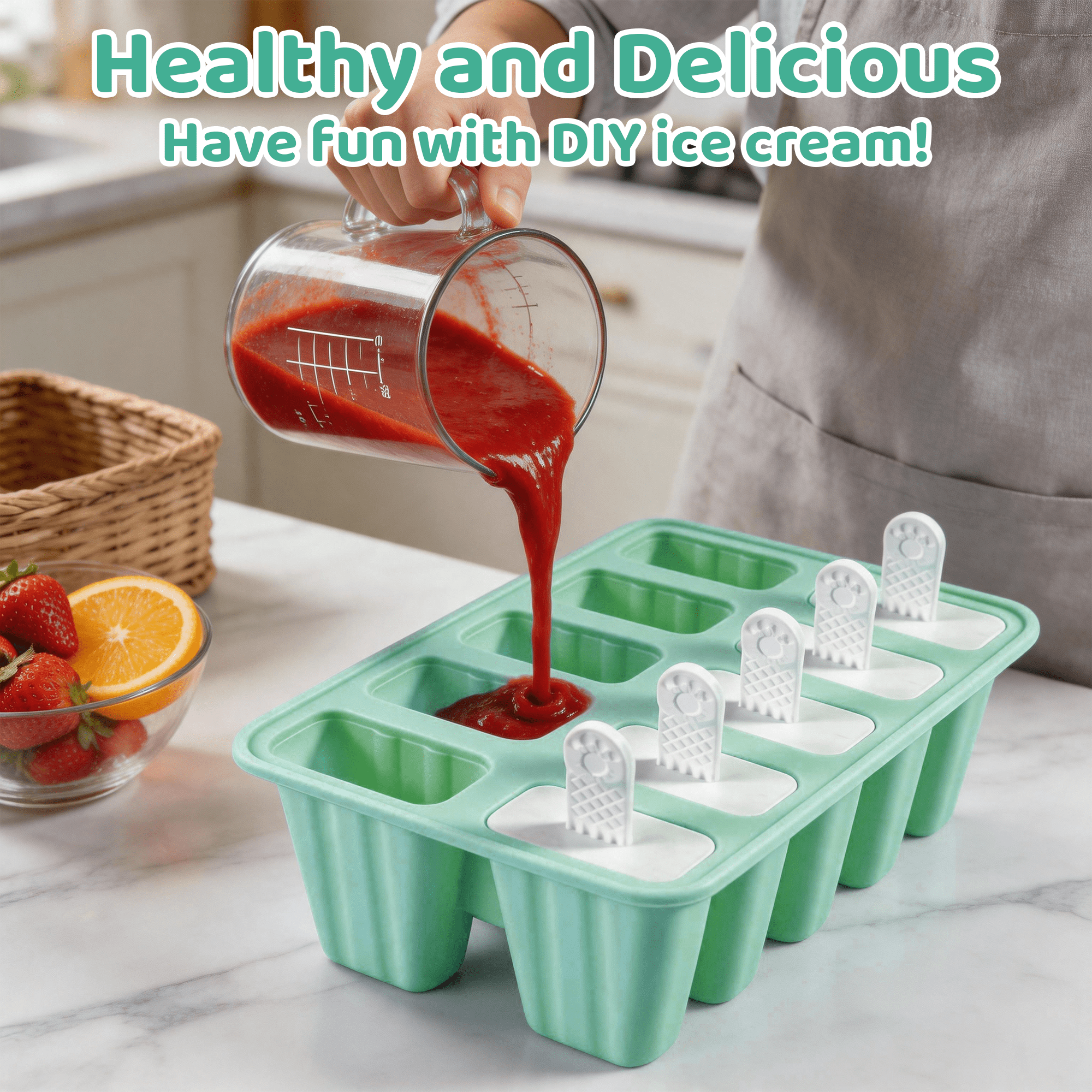 10-Cavity Silicone Popsicle Molds with Sticks, BPA-Free Reusable Ice Pop Molds, Easy Release & Dishwasher Safe Popsicle Maker for Kids Adults, Summer DIY Frozen Treat Mold