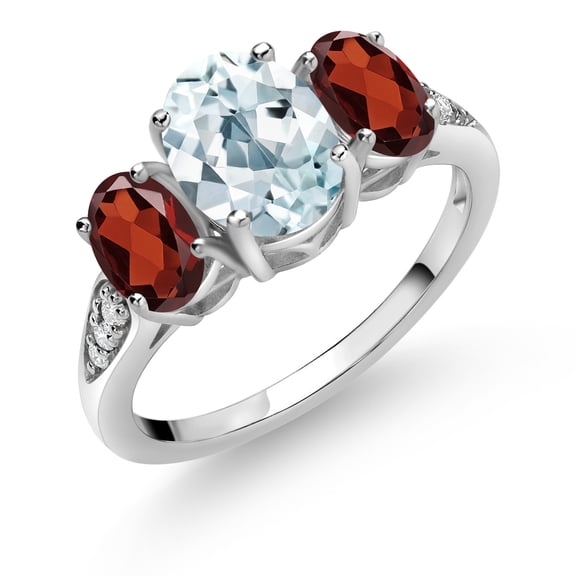 Gem Stone King 10K White Gold Sky Blue Aquamarine Red Garnet and White Lab Grown Diamond 3 Stone Engagement Ring for Women (2.38 Cttw, Gemstone Birthstone, Size 6)