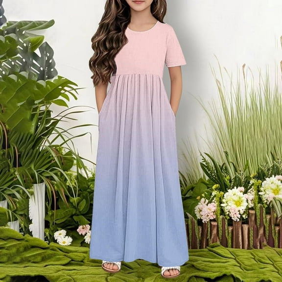 JUSLIO Dresses for Girls Gradient Dresses with Pockets Crew Neck Short Sleeve Casual Dress Size 4 Y
