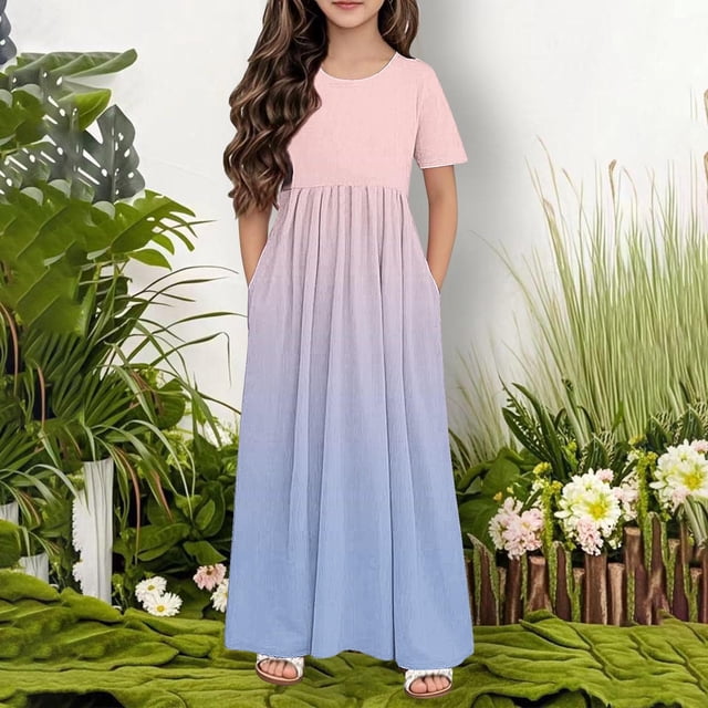 Robe Décontractée à Manches Courtes Col Rond avec Poches pour Femmes et Filles
