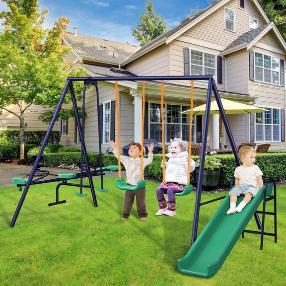 WAWOKV 4-in-1 Outdoor Kids Swing Set Extra Large Metal Frame with 2 Swings Glider Slide Teeter-Totter