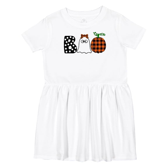 Inktastic Boo Halloween Ghost and Plaid Pumpkin Girls Toddler Dress