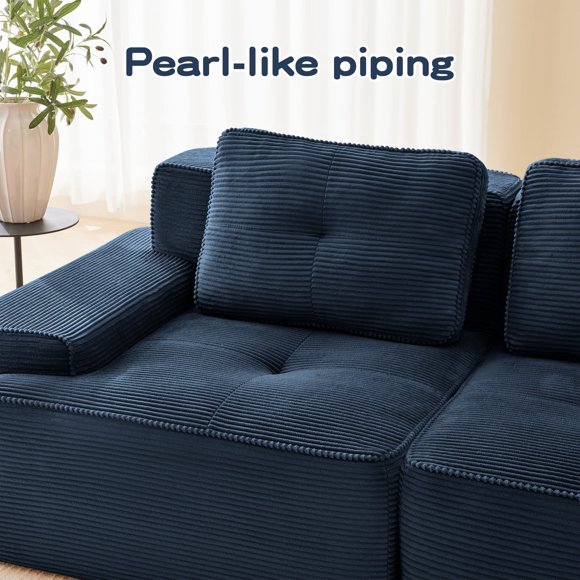Aukfa Corduroy Modular Sectional Sofa; 29.5" Deep Seat Loveseat, Pearl-Like Trim, Blue