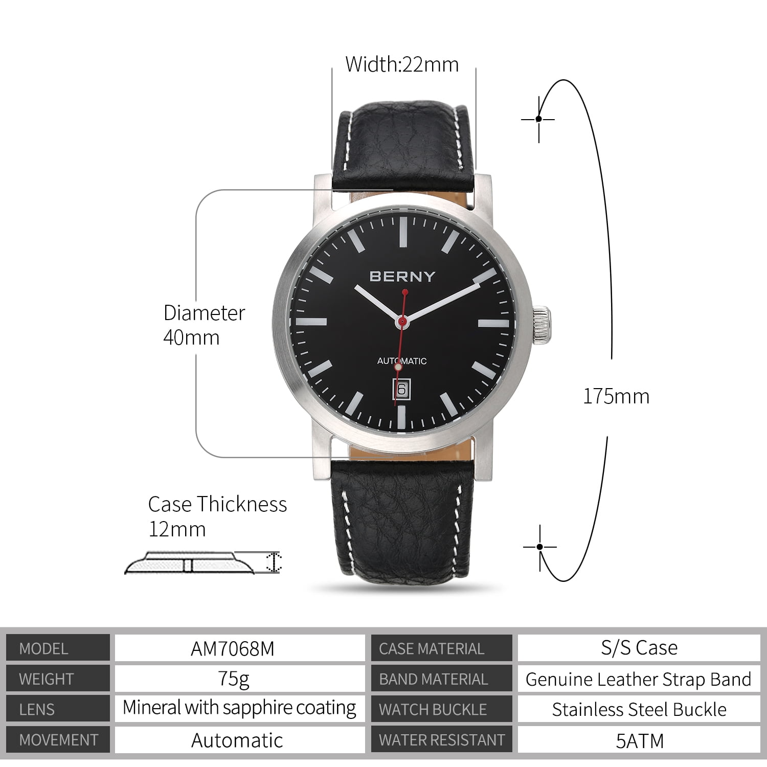 BERNY Automatic Watch for Men, Classic Mechanical Wristwatch with Genuine Leather Strap, Date Calendar, 5ATM Waterproof Super Luminous, Red Seconds Hand (Black)