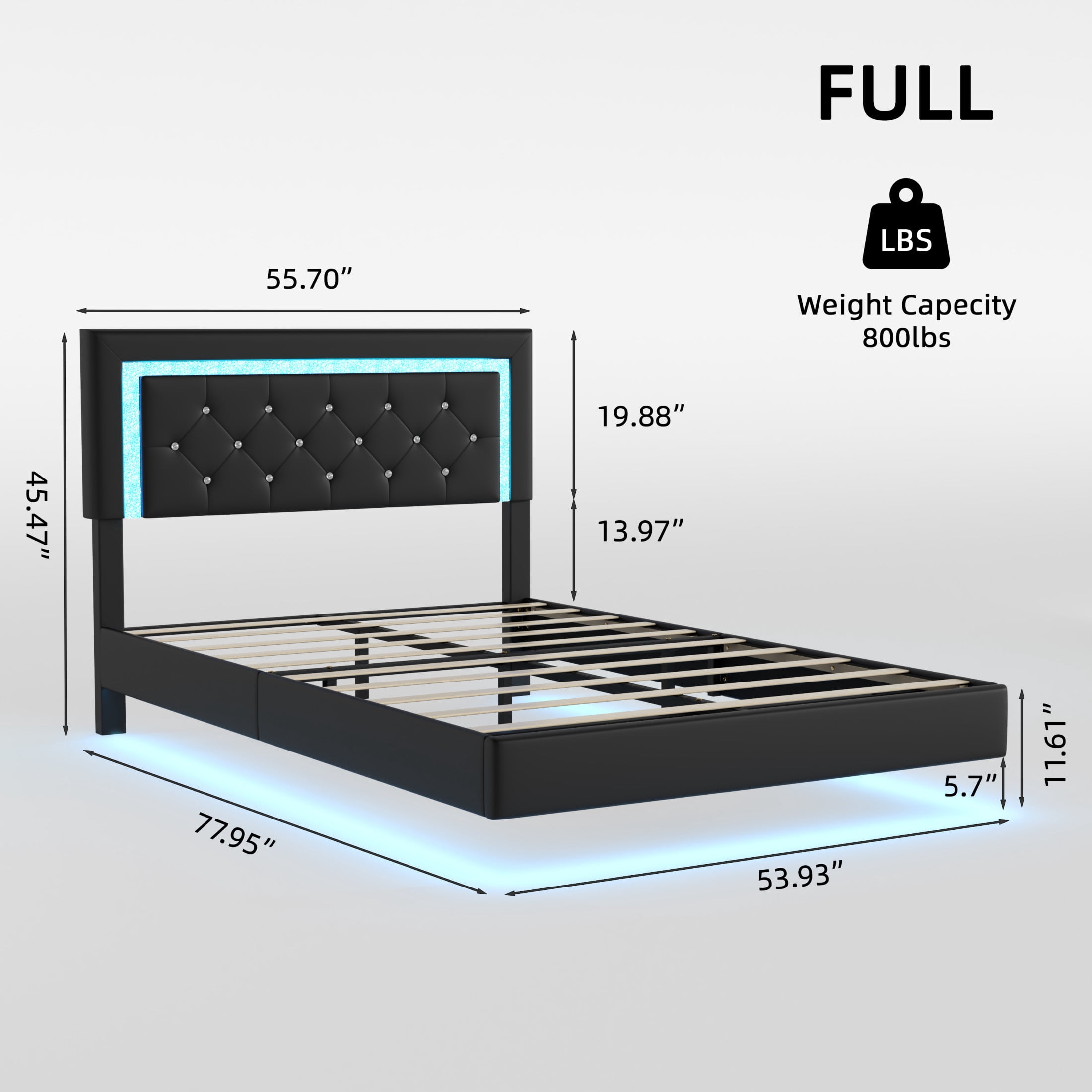 Noble House Elliana Full Size Upholstered Floating Platform Bed Frame with Diamond Tufted Headboard, LED Lights, Black