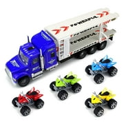 All Terrain Transport Trailer Children's Friction Toy Semi Truck Ready To Run 1:32 Scale w/ 4 Toy ATVs (Colors May Vary)