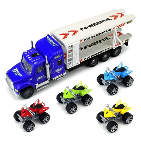 All Terrain Transport Trailer Children's Friction Toy Semi Truck Ready To Run 1:32 Scale w/ 4 Toy ATVs (Colors May Vary)