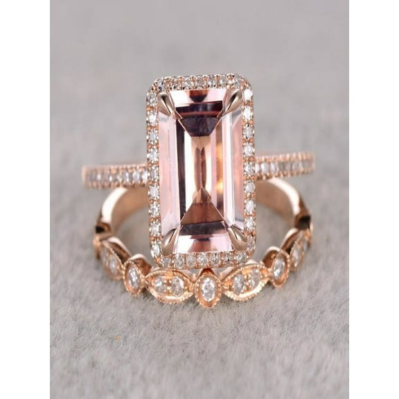 Perfect Halo Bridal Set on Sale 1.50 carat emerald Cut Morganite and Diamond Bridal Set in Rose Gold: Bestselling Design