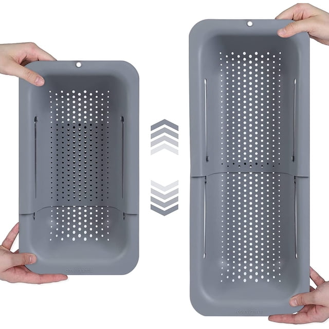 Cesta coladora para colocar sobre el fregadero: lava verduras y frutas, escurre pastas cocidas y seca platos; extensible; New Home Kitchen Essentials (7,9 W x 14-19 L x 2,75 H) - Gris