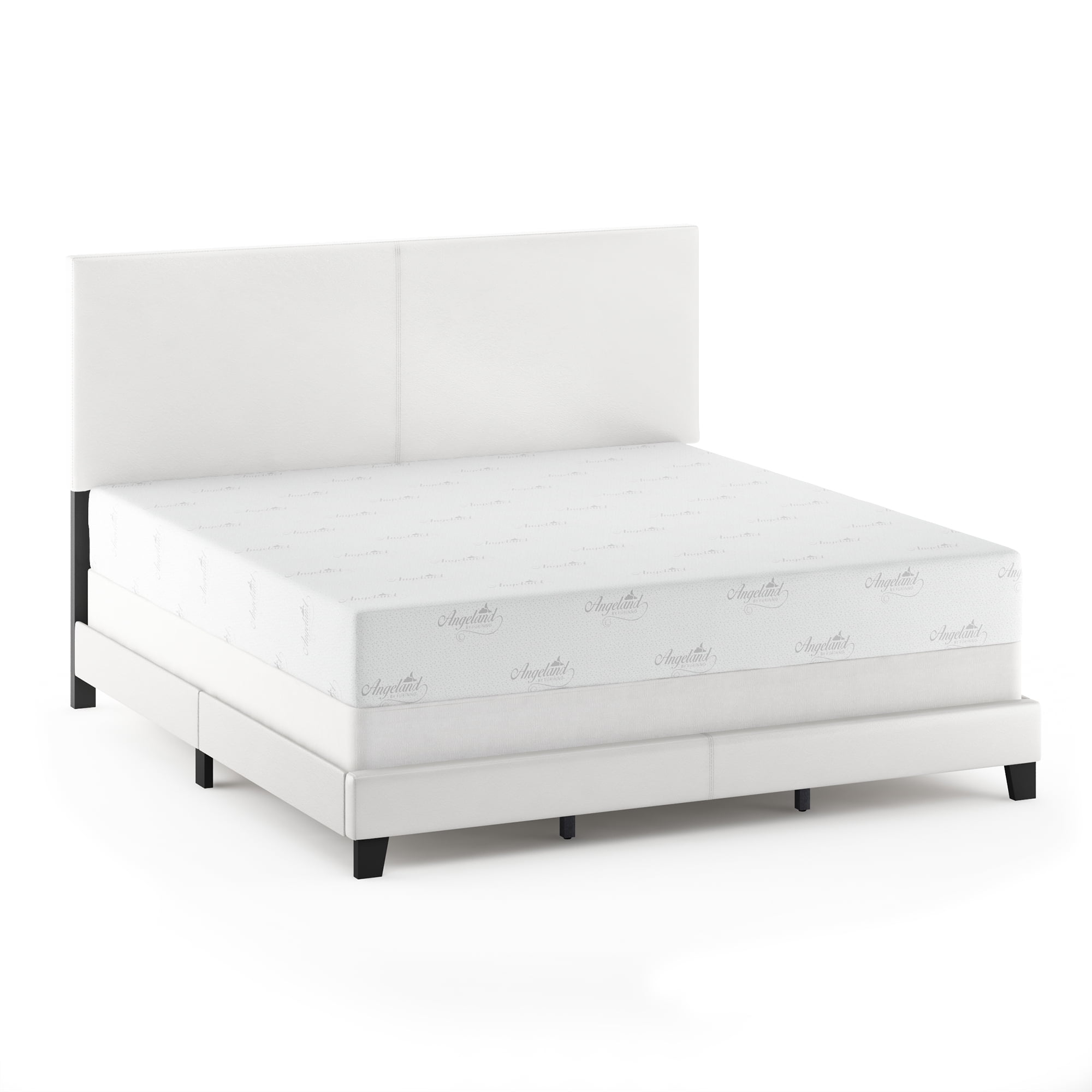 Furinno PESSAC King Upholstered Bed Frame with PU Leather Headboard and Wooden Slat Support, Plain White