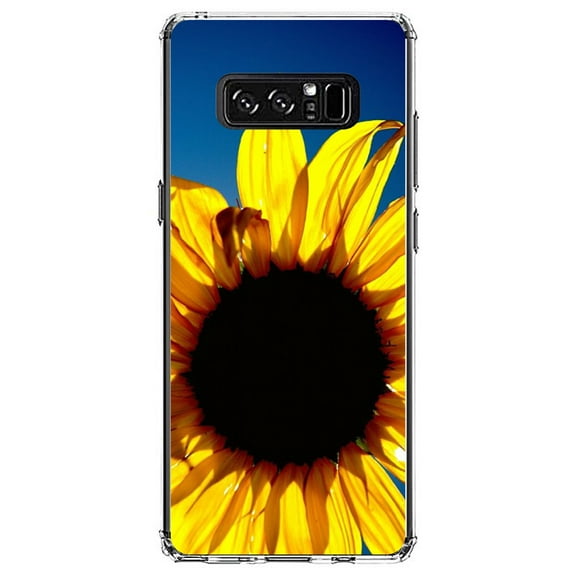 DistinctInk Clear Shockproof Hybrid Case for Samsung Galaxy Note 8 - TPU Bumper, Acrylic Back, Tempered Glass Screen Protector - Blue Yellow Sunflower Sky