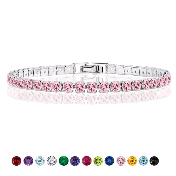 JeenMata 11 TCW Octubre de corte redondo - Turmalina rosa - Pulsera de tenis con piedra natal para mujer en diseño de eternidad - Chapado en oro blanco, Mujer, Adulto