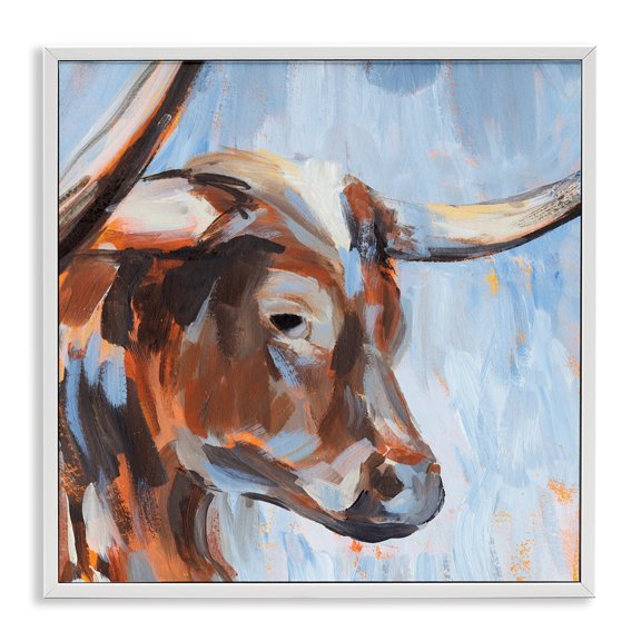Stupell Industries Eclectic Blue Longhorn Cattle Portrait White Framed Giclee Art, 17 x 17, by Annie Warren