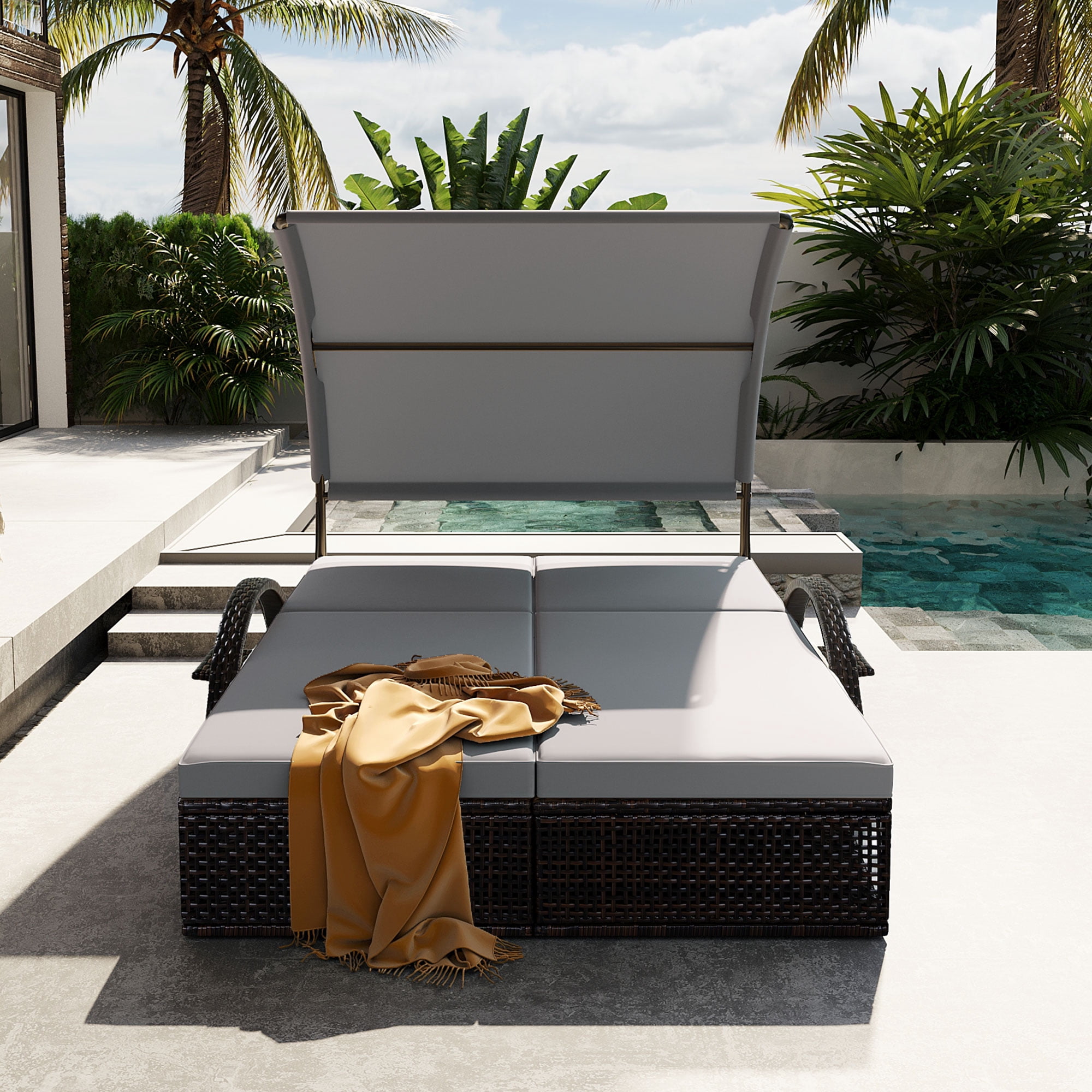 Mintazer 72.8" Outdoor Double Chaise Lounge with Adjustable Canopy & Pop-Up Side Table, Patio Double Sunbed with Arched Armrests for Patio Poolside, Brown & Gray