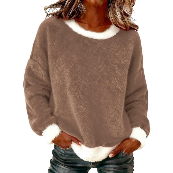 Christmas Sweatshirts for Women No Hood,Soft Fuzzy Fleece Crewneck Sweatshirt,Loose Fit Warm Winter Pullover Sweatshirts