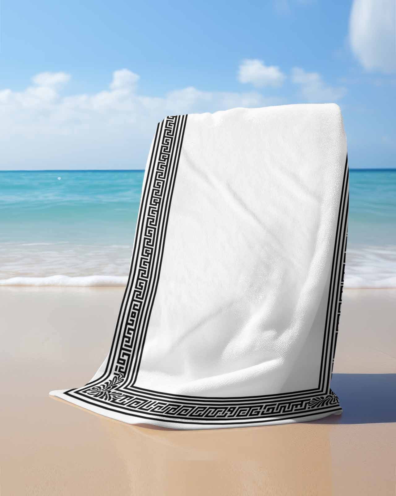 White Greek Key Beach Towels Oversized Super Absorbent, Geometric Greece Ancient Farmhouse Geo Lightweight Bath Towel Quick Dry Sets For Bathroom/Pool/Rv Camping/Beach Play/Gym Room/Picnic 23"x47"