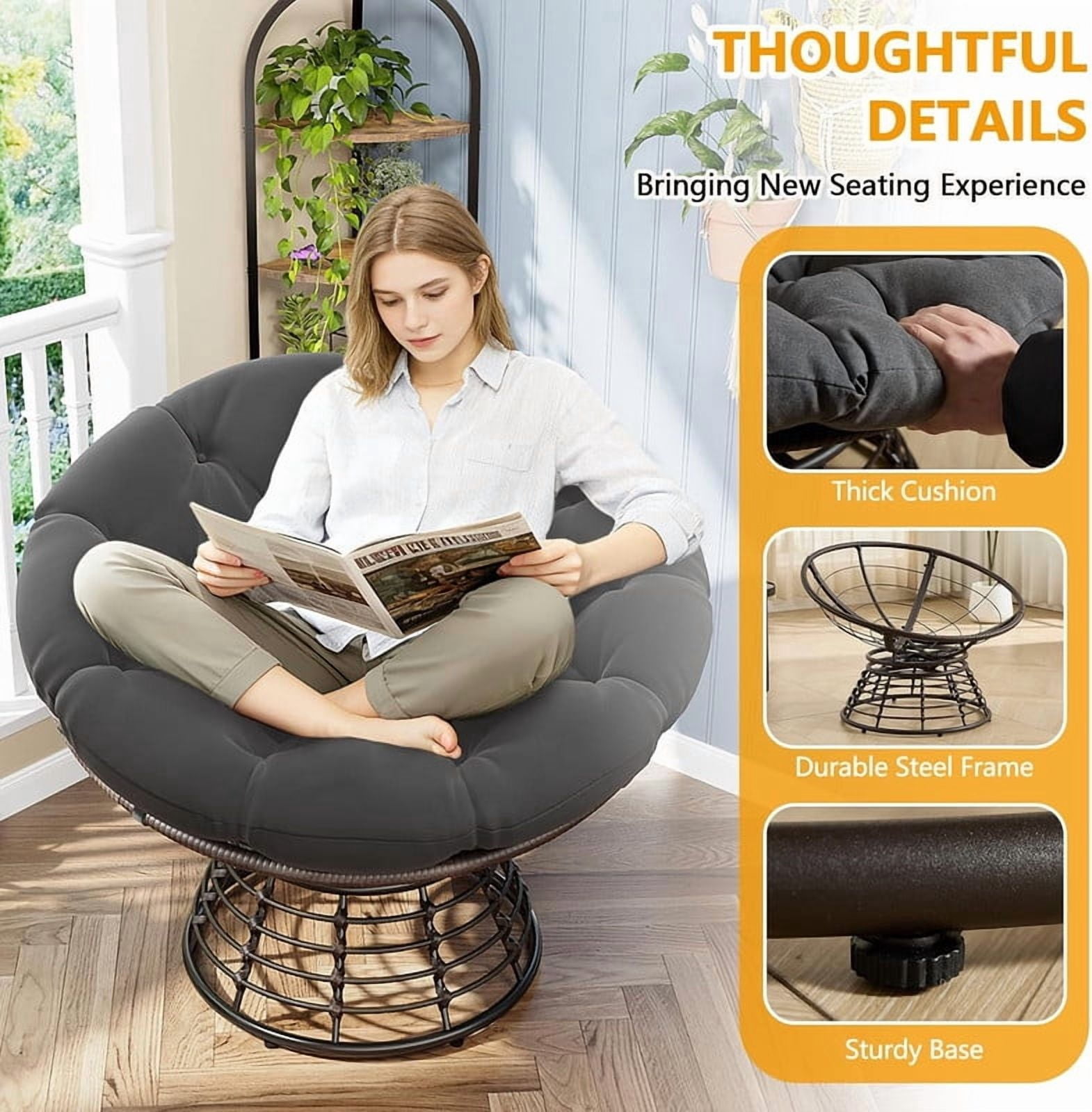 Ergonomic Wicker Papasan Chair, 360° Swivel Chair with Soft Thick Cushion for Living Room, Bedroom, Reading Room