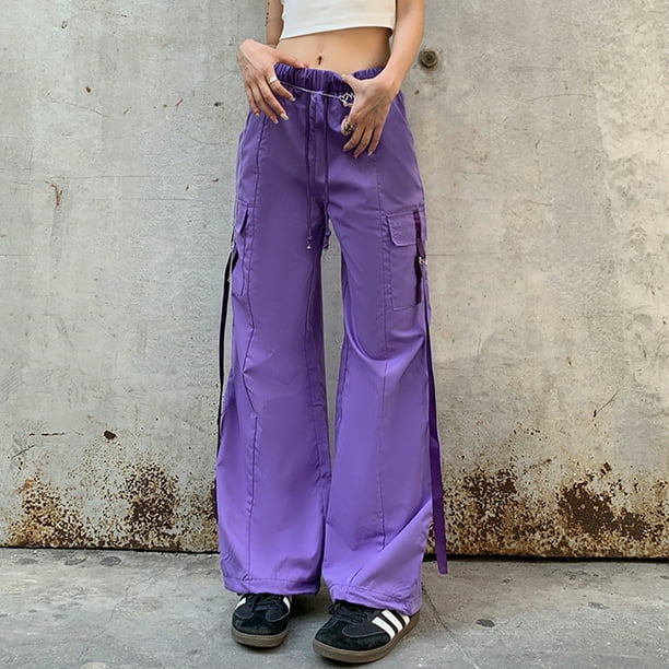 Peggybuy Ladies Baggy Trousers Casual Purple Cargo Pants High Waist Loose  Streetwear Suit 