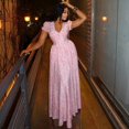 thumbnail image 3 of Women's Floral Print V-Neck & Lace-up Decoration Short Puff Sleeve Pleated A-Line Long Dress, 3 of 22