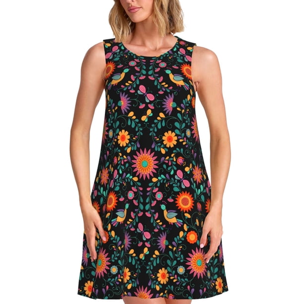 Fotbe Mexican Flower And Birds Vestido de Verano sin Mangas para Mujer – Vestido Midi Línea A, Estilo Camiseta Floral, Vestido Playero Casual y Fluido