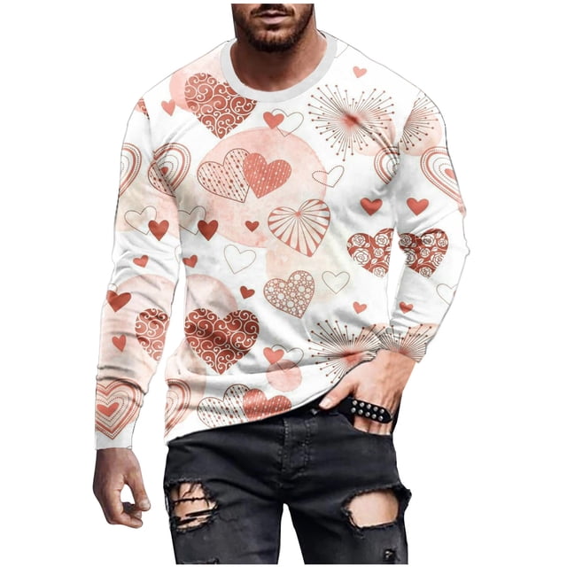 Pompotops T-Shirt Décontracté à Col Rond Manches Longues pour Hommes Imprimé 3D Saint-Valentin en Solde