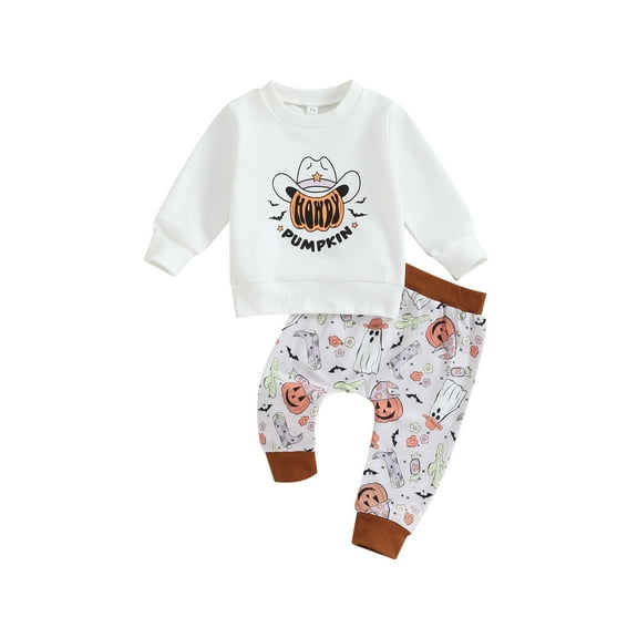 Liacowi Baby Boys Clothes 3 6 9 12 18 24 Months Infant Boys 2Pcs Halloween Outfits Set Long Sleeve Crew Neck Letters Print Sweatshirt Pumpkin Ghost Sweatpants 0-24M