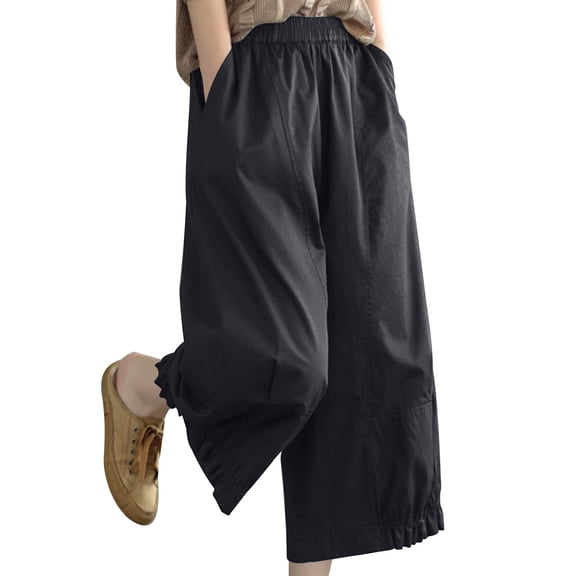 cocolona Summer Casual Capri Pants for Women Wide Leg Elastic Wasit Cropped Pants Solid Color Loose Lounge Trousers
