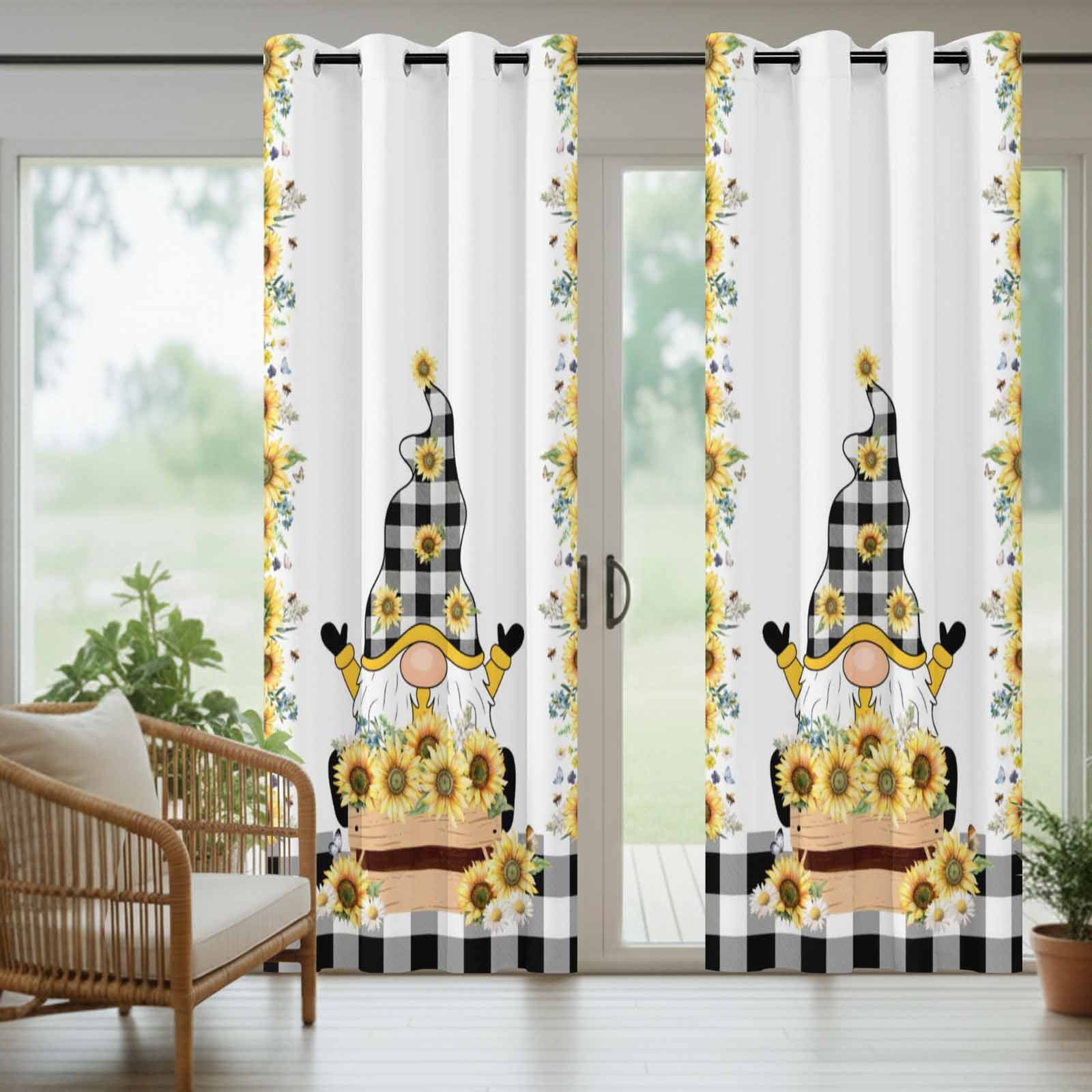 1 Panel Outdoor Curtains for Patio Waterproof 54"x108" Sunflower Gnomes Weatherproof Privacy Outsides Curtains, Yellow Summer Botanical Farmhouse Grommet Thermal Drapes for Cabana Porch Pergola