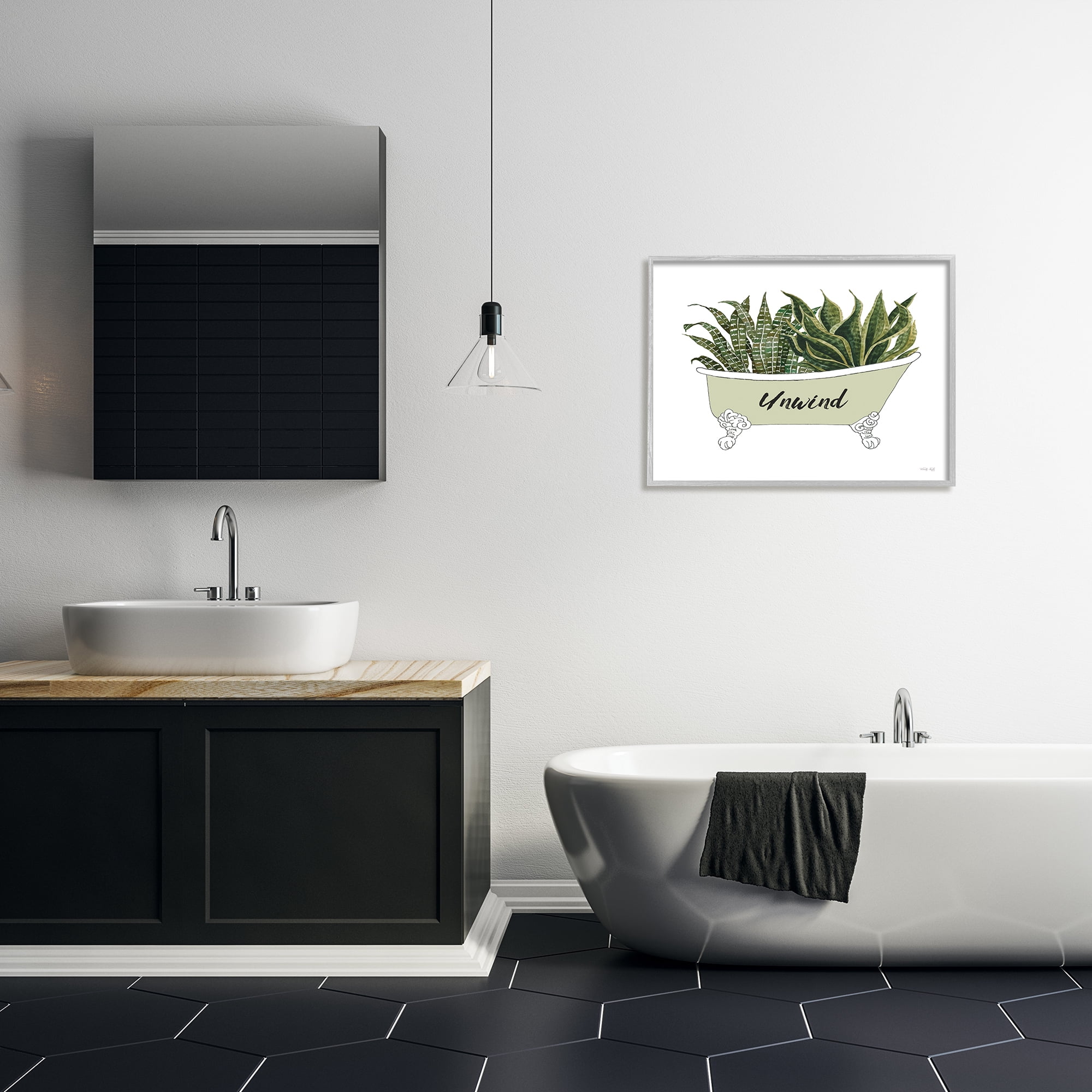 Stupell Industries Snake Plant in Tub Unwind Bath Typography Graphic Art Gray Framed Art Print Wall Art, Design by Cindy Jacobs