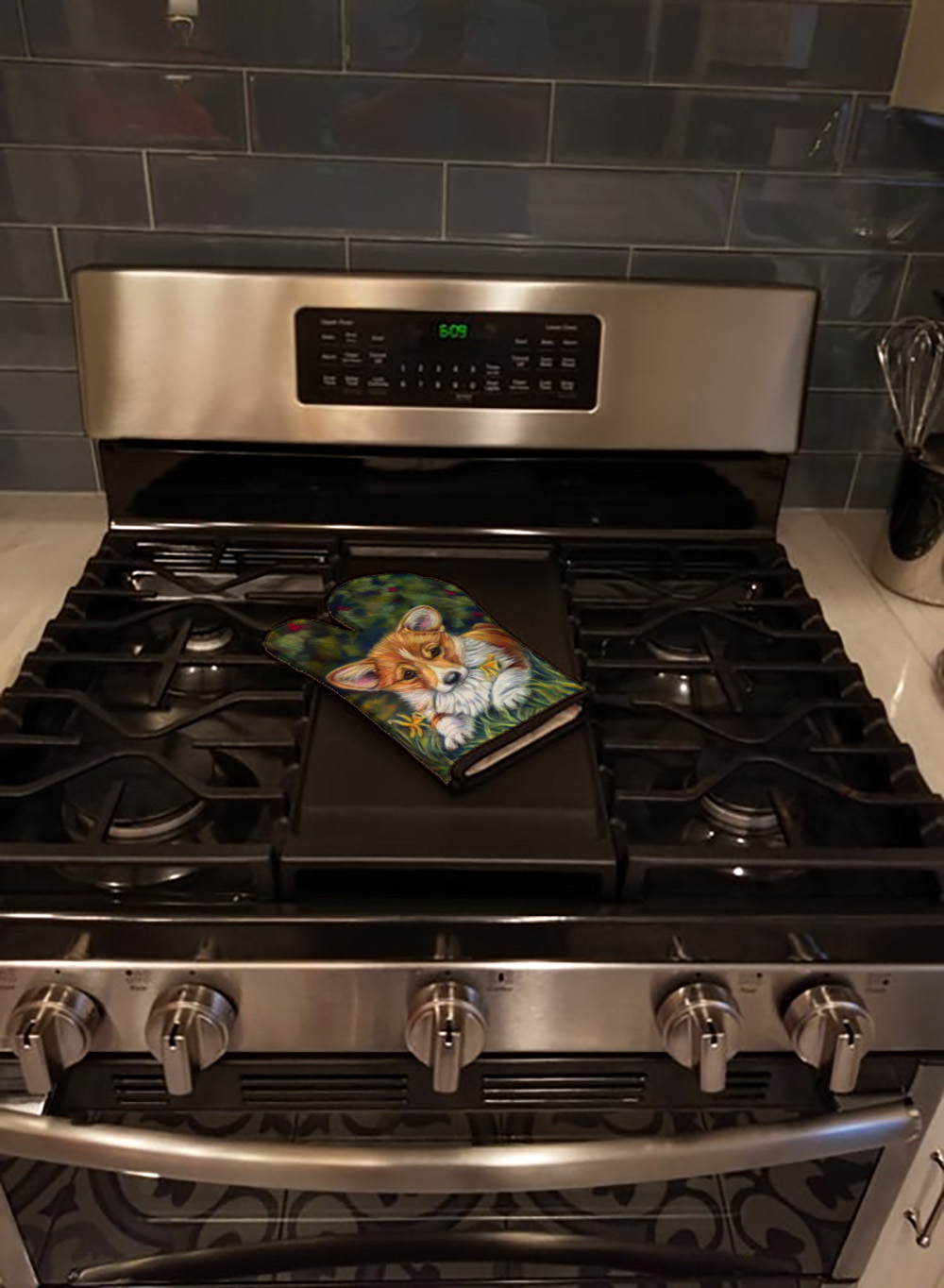 Corgi Pup and Daffodils Oven Mitt