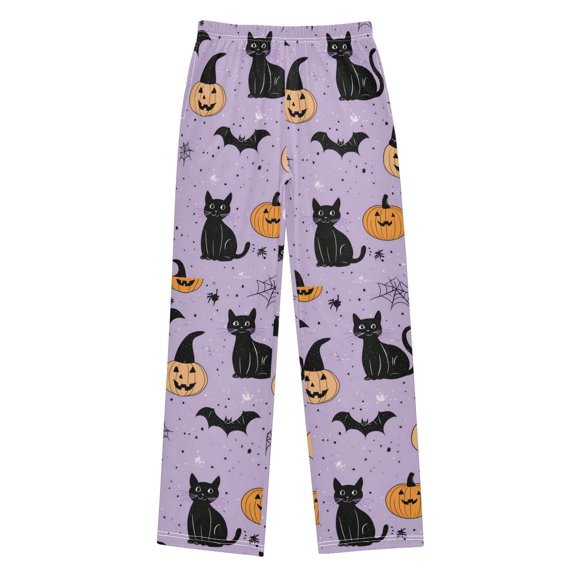 FORMRS Boys Pajama Pants with Pockets Size 6-8Y Kids Lounge Sleep Bottoms, Light Purple Halloween Black Cat