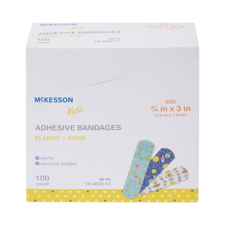 McKesson Kids Adhesive Bandages, Sterile Strips for Wound Care, 3/4 in x 3  in, 100 Count, 1 Pack 