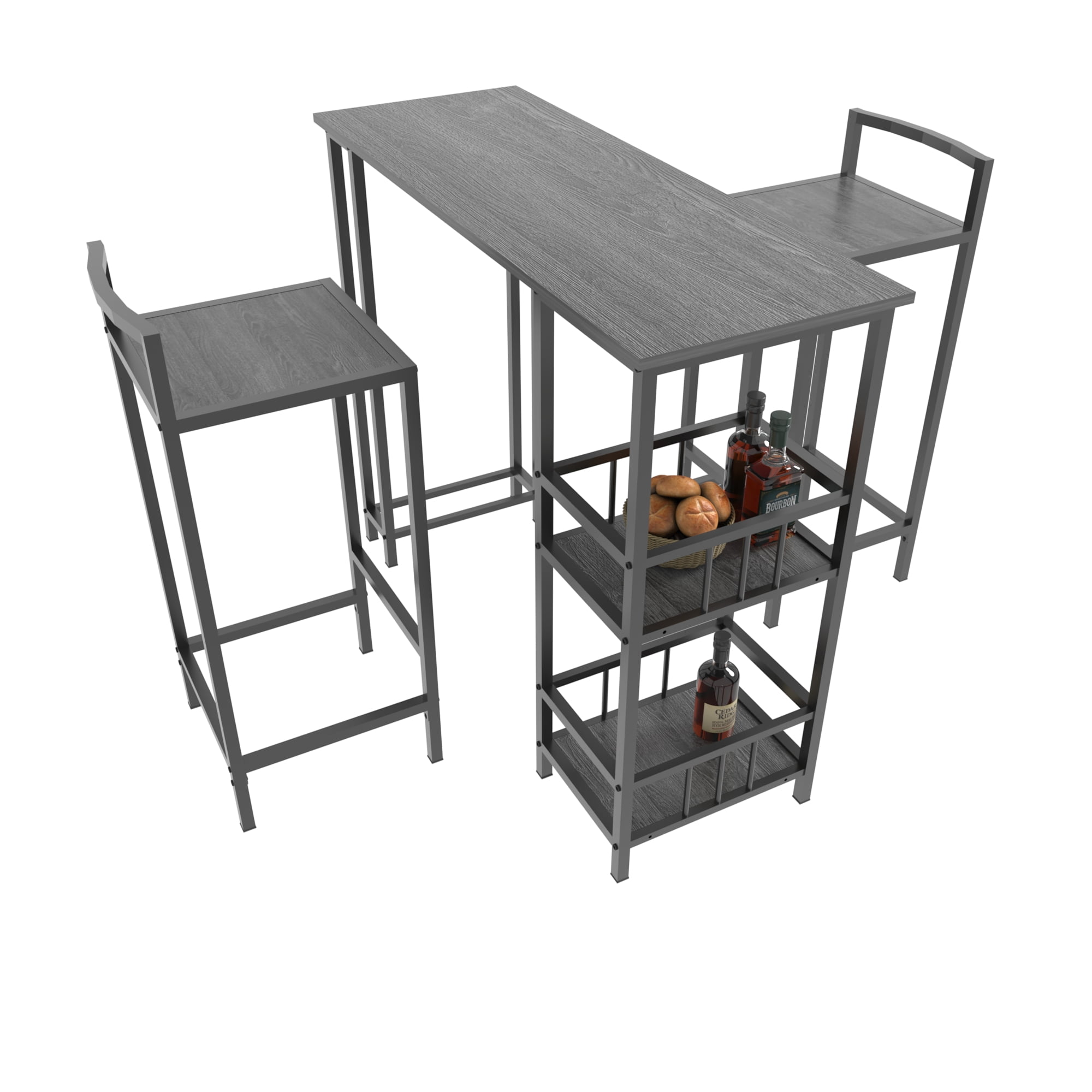 GARITIN 3 Piece Counter Height Bar Table Set with 2 Bar Stools, Rectangular Pub Table with 3 Tier Side Storage Shelves for Kitchen, Walnut Brown