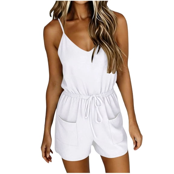 BUIGTTKLOP Short Jumpsuit for Women Spaghetti Strap Adjustable Waist Drawstring Cami Romper Summer Casual Overalls