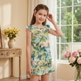thumbnail image 4 of ZIATUBLES Tropical Toucan Floral Print Girls Summer Jumpsuit Kids Button Flutter Sleeve Short Playsuit Elastic Waist Round Neck Casual Romper Outfit Clothes with Pockets for 5-6 Y, 4 of 6