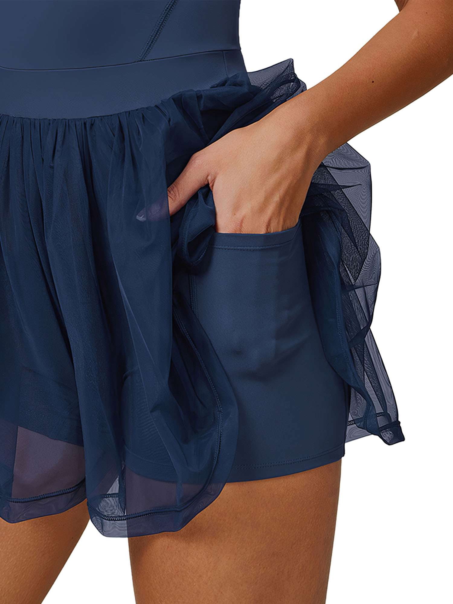 Deago Womens Tennis Golf Dress with Built-in Bra Shorts Backless Square Neck Mini Mesh Puffy Skirt Athletic Dresses with Pockets (Navy, L)